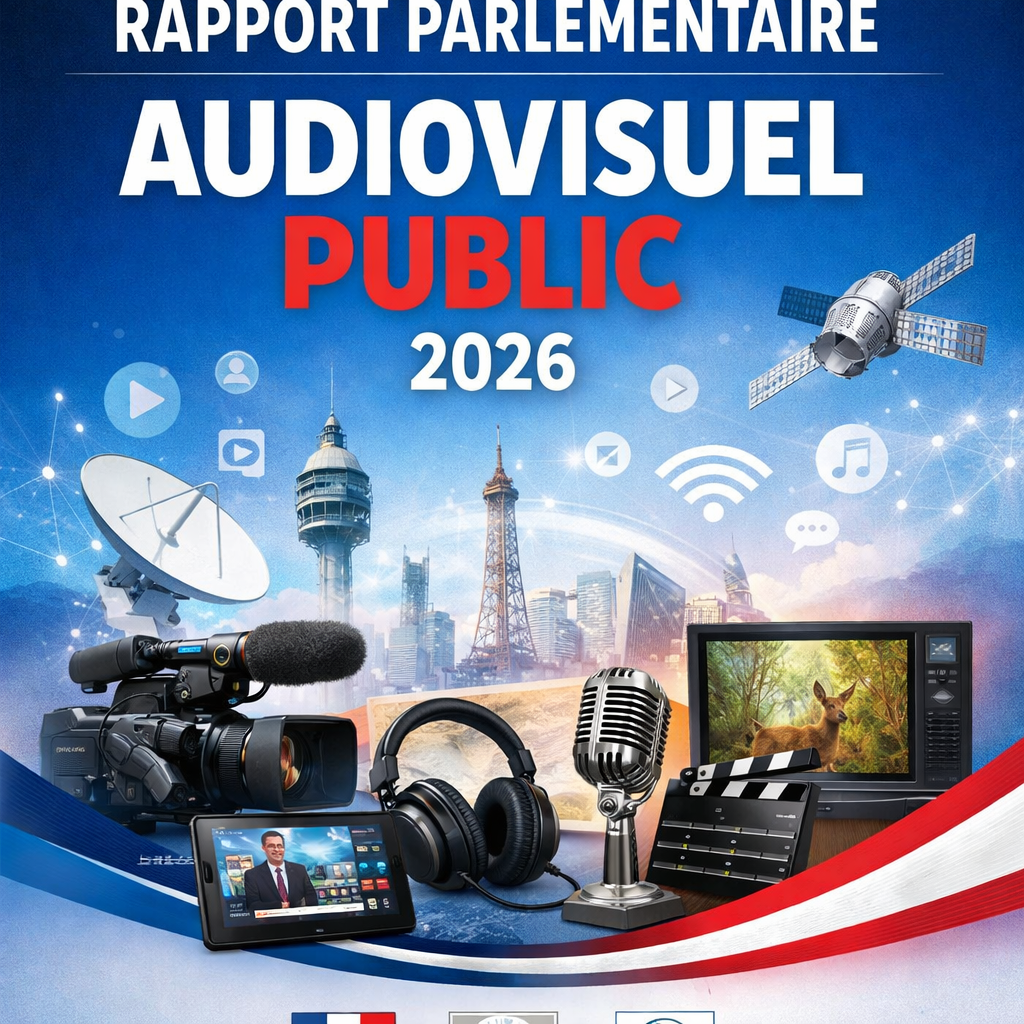 Microphone, headphones, video camera, satellite dish, digital screen with news anchor, film clapperboard, and satellite with Paris skyline