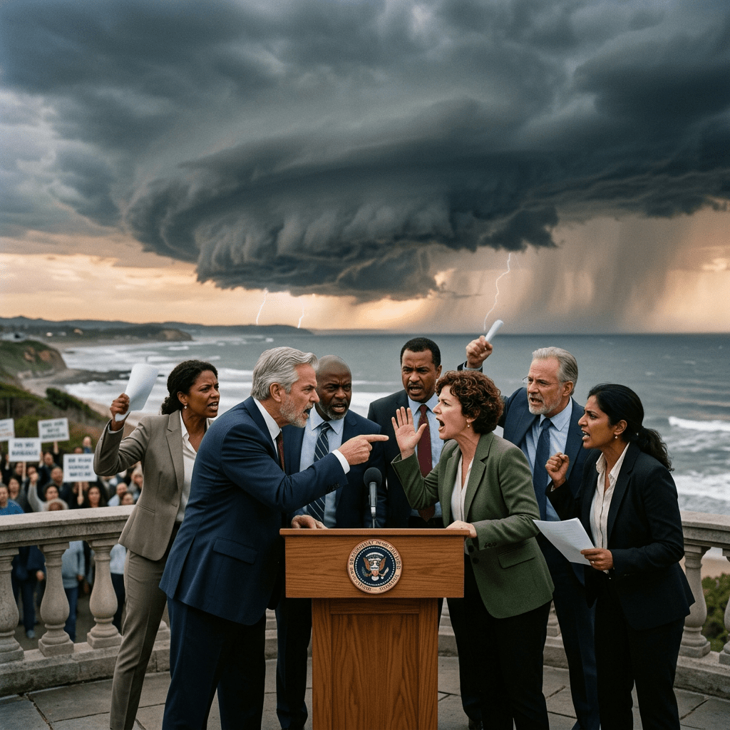 Group of politicians arguing animatedly at a podium with presidential seal under stormy sky with lightning over ocean